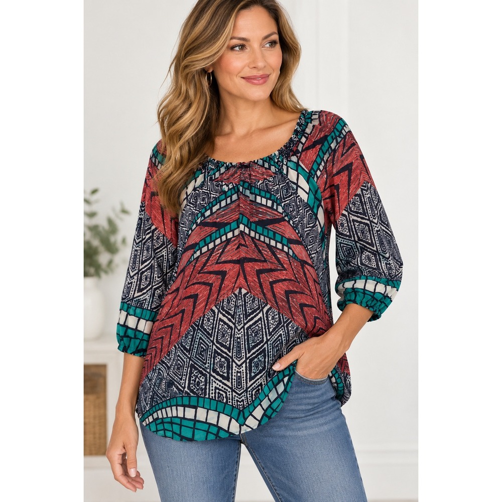 Glam Women Geometric Tribal Print Chiffon Blouse Grandmacore 3/4 Sleeve Size M